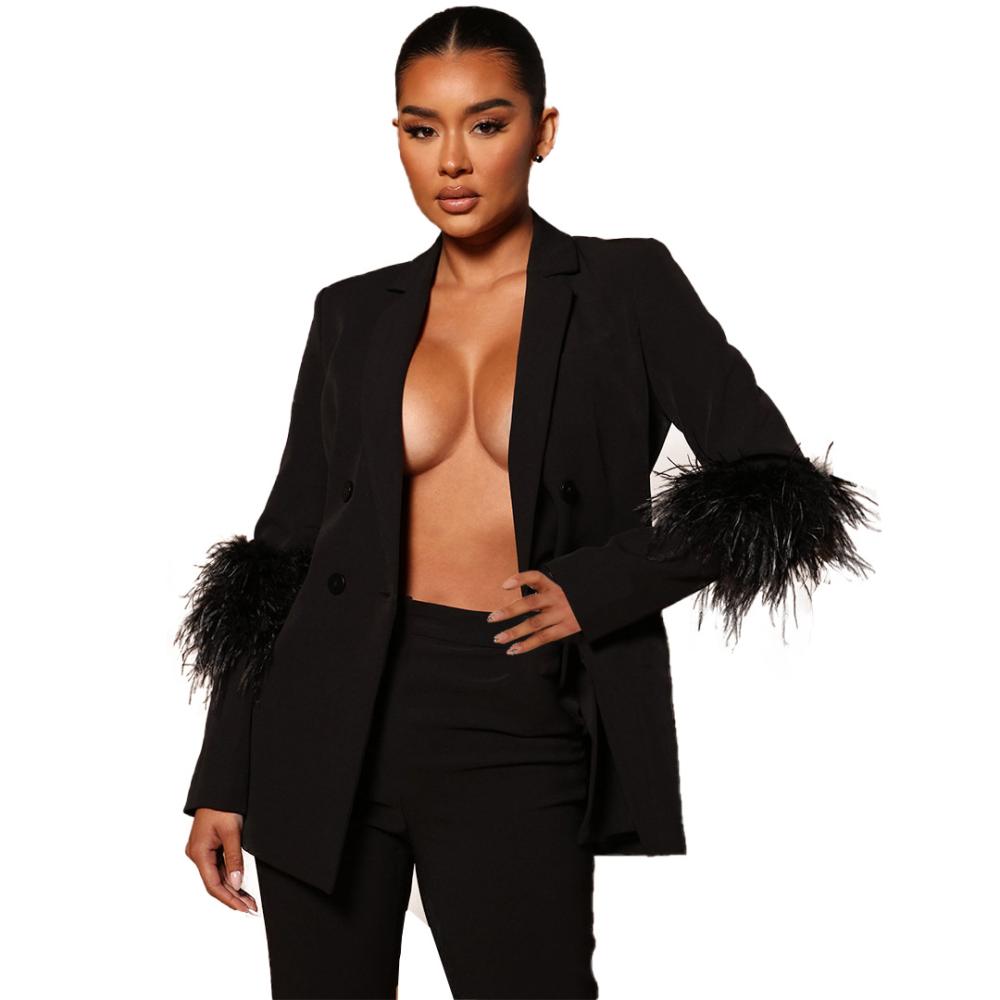 Womens Jackets + Coats |  Faux Feather Trim Blazer Clothing BLACK