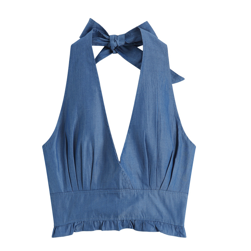 Womens Tops |  Braided Denim Tie-Back Cropped Top Clothing Tops